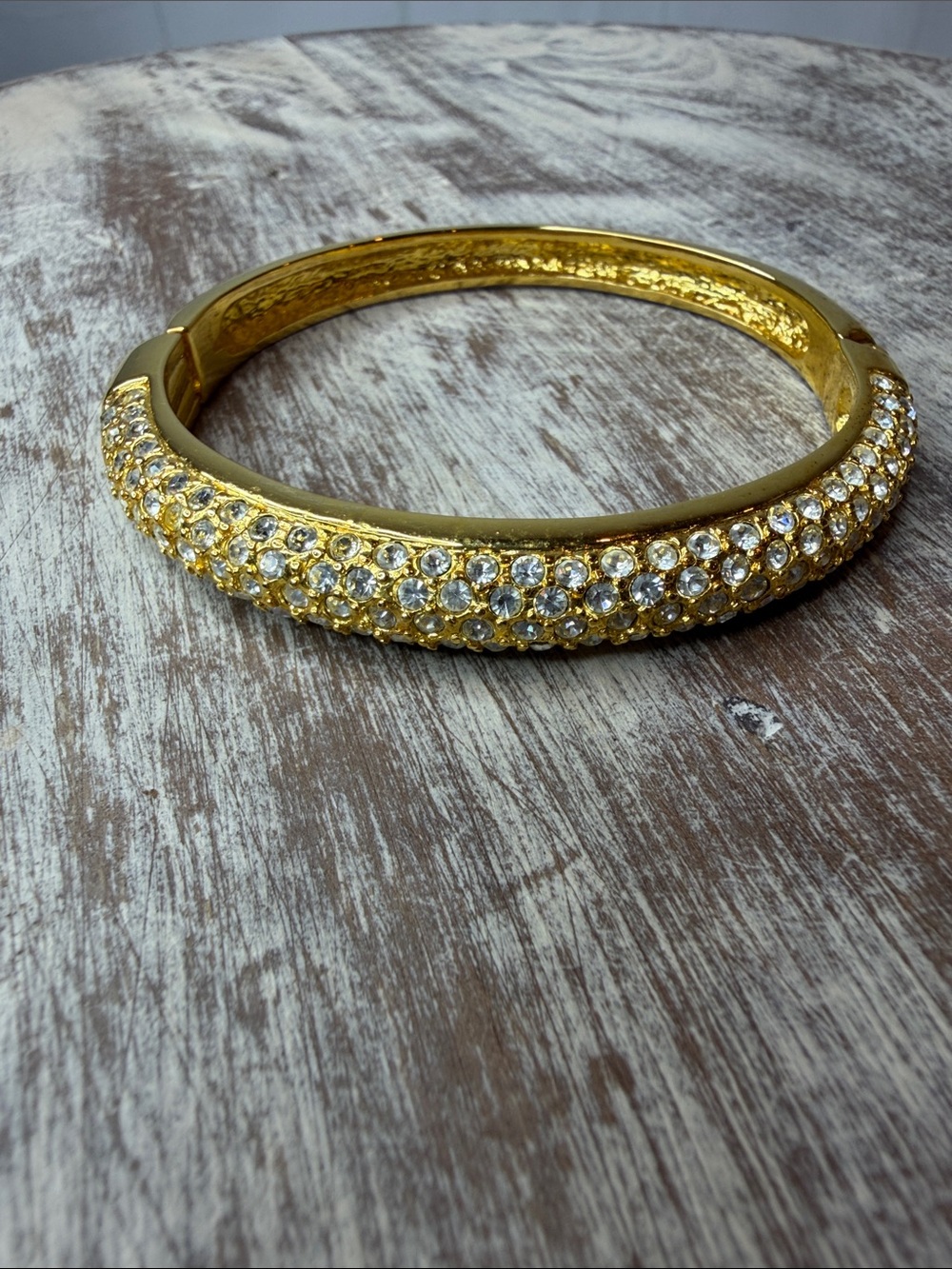 Gold Tone Clear Rhinestone Pavé Hinged Bangle Bracelet